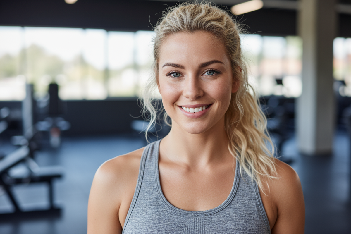 headshot of a young white blonde woman wearing gym clothes